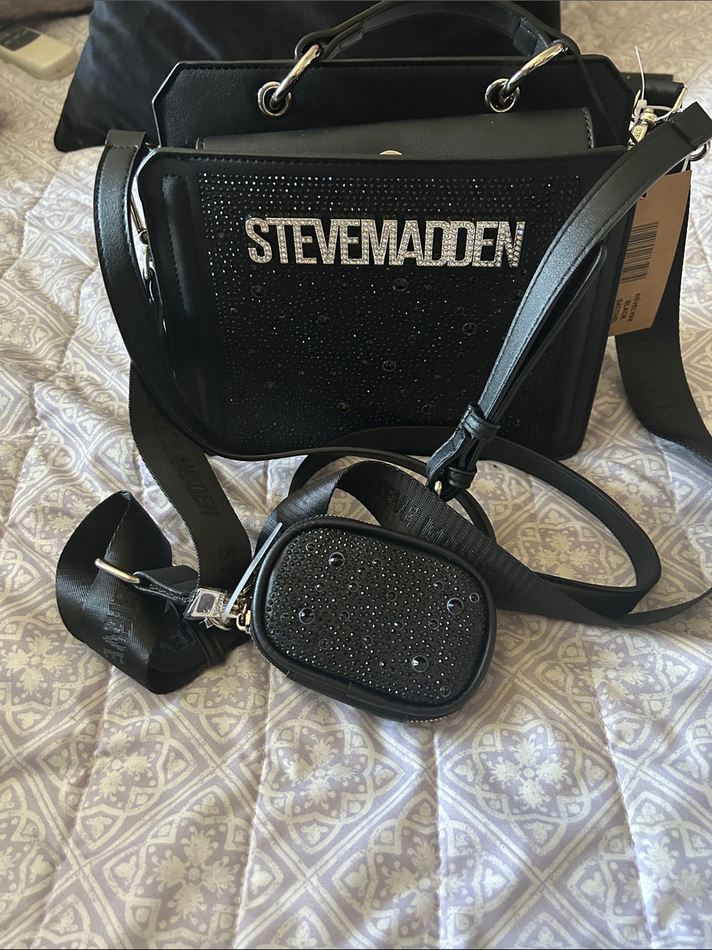 Steve Madden Black Crystal Logo Crossbody with Removable Mini Pouch